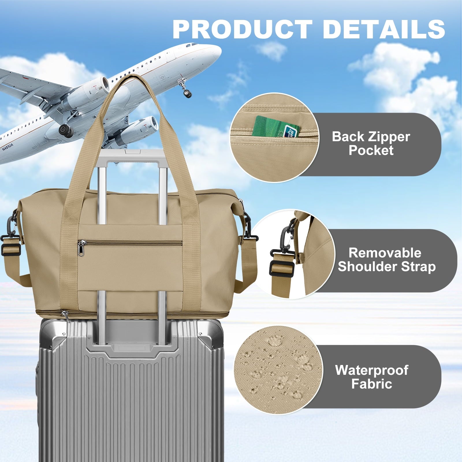 Travel Bag, Waterproof Duffel Gym Tote Bag, Weekender Carry on Overnight Bags for Women Men Approved Personal Item Bag for Airlines with Trolley Sleeve, Travel Duffel Bags, Khaki